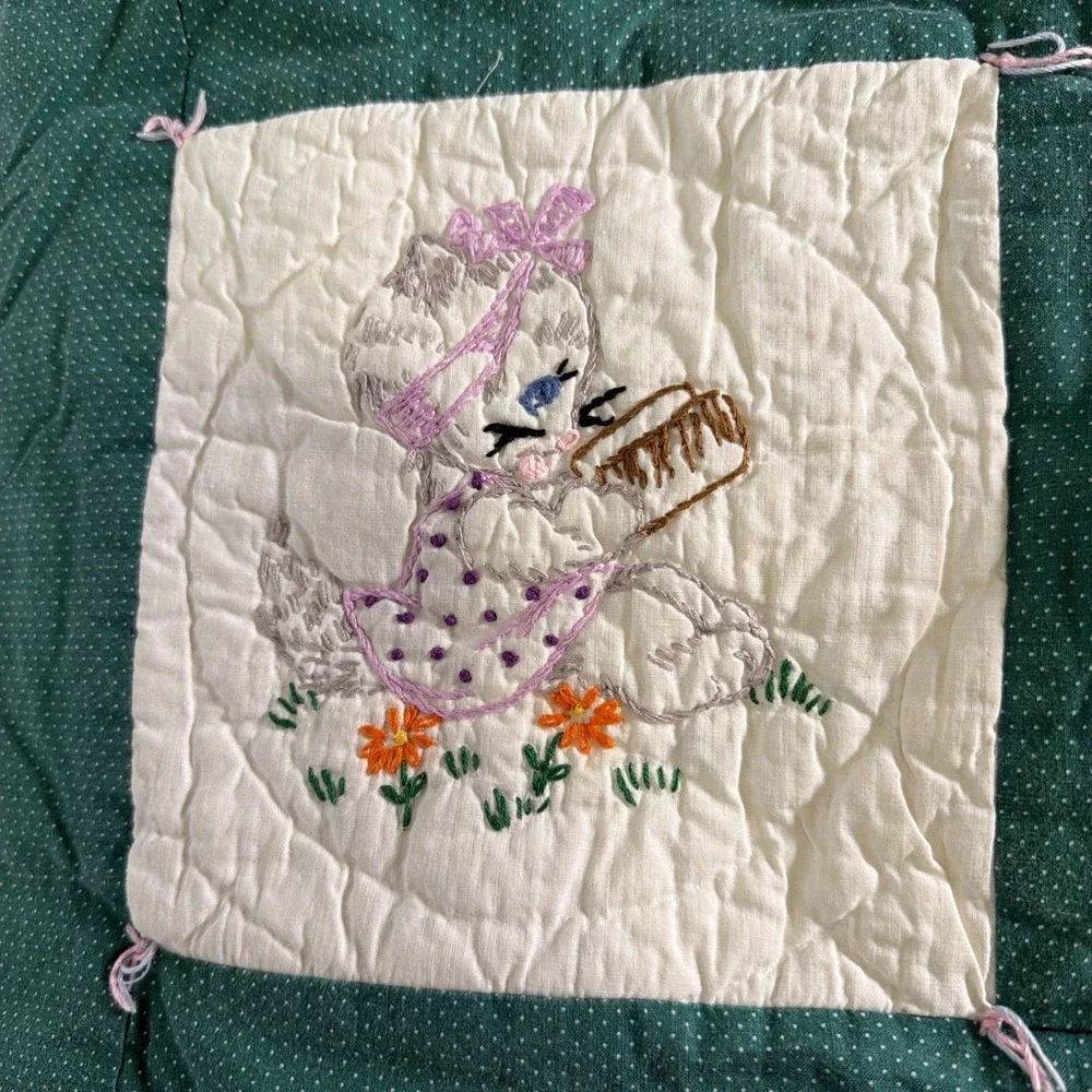 Vintage Handmade Embroidered Crib Quilt Playful Animals Green White